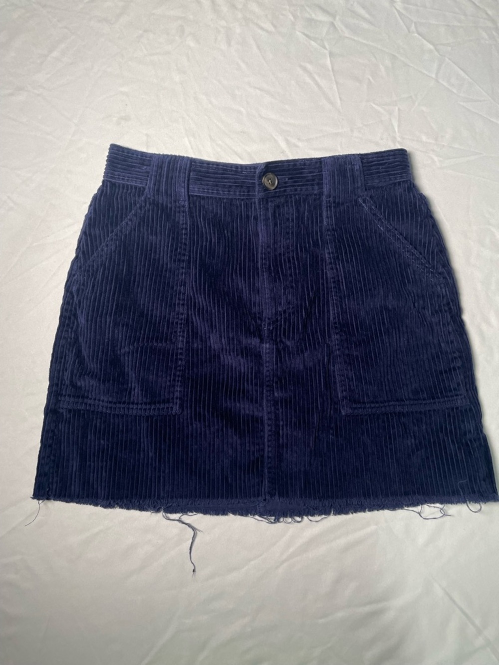 GAP Navy Corduroy Mini Skirt with Front Patch Pockets and Frayed Hem